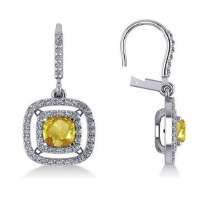 Yellow Sapphire and Diamond Halo Dangling Earrings 14k White Gold 3.00ct - All