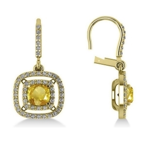 Yellow Sapphire and Diamond Halo Dangling Earrings 14k Yellow Gold 3.00ct - All
