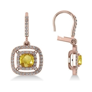 Yellow Sapphire and Diamond Halo Dangling Earrings 14k Rose Gold 3.00ct - All