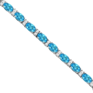 Diamond and Oval Cut Blue Topaz Tennis Bracelet 14k White Gold 9.25ct - All