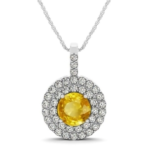 Yellow Sapphire and Diamond Drop Double Halo Pendant 14k White Gold 2.16ct - All