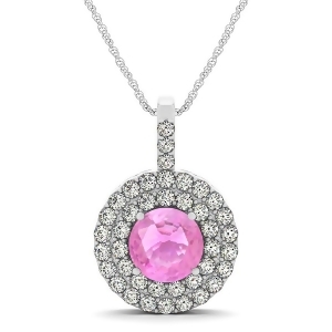 Pink Sapphire and Diamond Drop Double Halo Pendant 14k White Gold 2.16ct - All