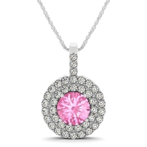 Pink Tourmaline and Diamond Drop Double Halo Pendant 14k White Gold 2.03ct - All