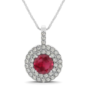 Ruby and Diamond Drop Double Halo Pendant 14k White Gold 2.16ct - All