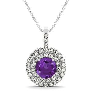 Amethyst and Diamond Drop Double Halo Pendant 14k White Gold 1.85ct - All
