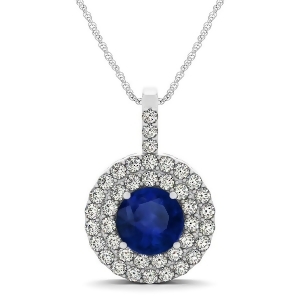 Blue Sapphire and Diamond Drop Double Halo Pendant 14k White Gold 2.16ct - All