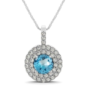 Blue Topaz and Diamond Drop Double Halo Pendant 14k White Gold 2.11ct - All