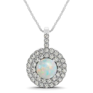 Opal and Diamond Drop Double Halo Pendant 14k White Gold 1.50ct - All