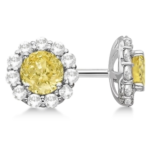 Halo Yellow Diamond and Diamond Stud Earrings 14kt White Gold 2.02ct. - All