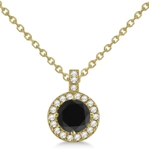Black Diamond and Diamond Halo Pendant Necklace Round 14k Yellow Gold 1.00ct - All