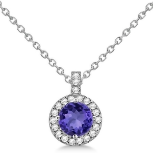 Tanzanite and Diamond Halo Pendant Necklace 14k White Gold 1.07ct - All