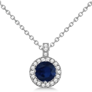 Blue Sapphire and Diamond Halo Pendant Necklace 14k White Gold 1.07ct - All