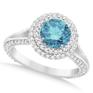 Halo Blue Diamond and Diamond Engagement Ring 14k White Gold 2.00ct - All