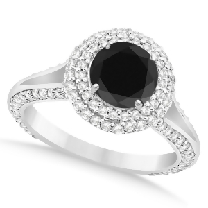 Halo Black Diamond and Diamond Engagement Ring 14k White Gold 2.00ct - All
