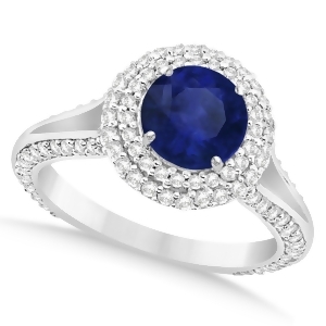 Halo Blue Sapphire and Diamond Engagement Ring 14k White Gold 2.41ct - All