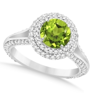 Halo Peridot and Diamond Engagement Ring 14k White Gold 2.11ct - All