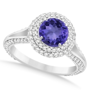 Halo Tanzanite and Diamond Engagement Ring 14k White Gold 2.10ct - All