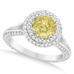 Halo Yellow Diamond and Diamond Engagement Ring 14k White Gold 2.00ct - All