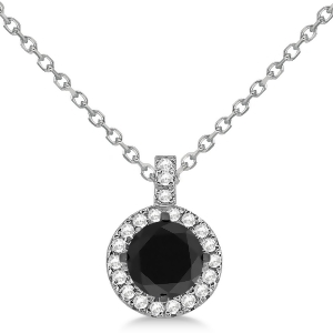 Black Diamond and Diamond Halo Pendant Necklace Round 14k White Gold 1.00ct - All