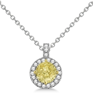 Yellow Diamond and Diamond Halo Pendant Necklace Round 14k White Gold 1.00ct - All