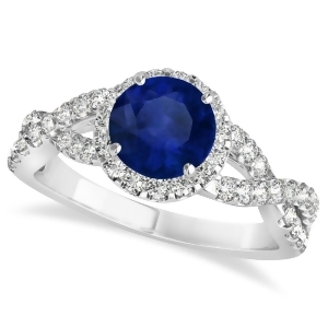Blue Sapphire and Diamond Twisted Engagement Ring 14k White Gold 1.55ct - All
