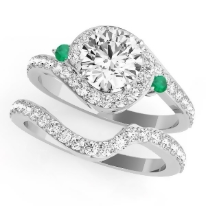 Halo Swirl Emerald and Diamond Bridal Set 14k White Gold 0.77ct - All