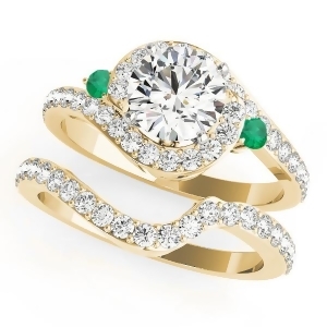 Halo Swirl Emerald and Diamond Bridal Set 14k Yellow Gold 0.77ct - All