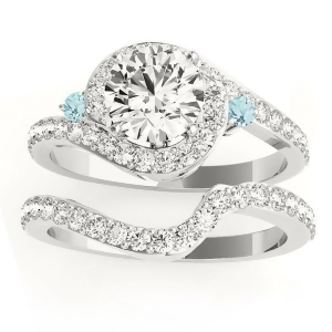 Halo Swirl Aquamarine and Diamond Bridal Set 14k White Gold 0.77ct - All