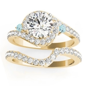 Halo Swirl Aquamarine and Diamond Bridal Set 14k Yellow Gold 0.77ct - All