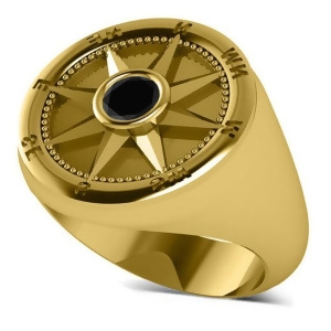 Men's Black Diamond Nautical Compass Ring 14k Yellow Gold 0.25ct - All