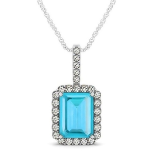 Diamond and Emerald Cut Blue Topaz Halo Pendant Necklace 14k White Gold 4.25ct - All