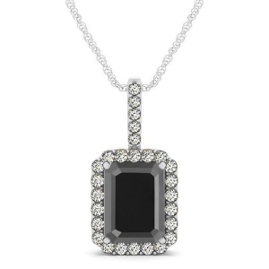 Diamond and Emerald Cut Black Diamond Halo Pendant Necklace 14k White Gold 4.04ct - All