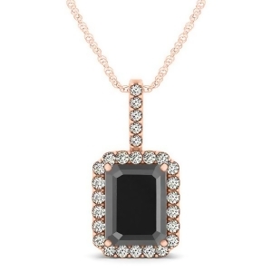 Diamond and Emerald Cut Black Diamond Halo Pendant Necklace 14k Rose Gold 4.04ct - All