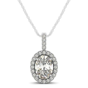 Diamond Halo Oval Pendant Necklace 14k White Gold 0.93ct - All