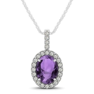 Amethyst and Diamond Halo Oval Pendant Necklace 14k White Gold 1.02ct - All