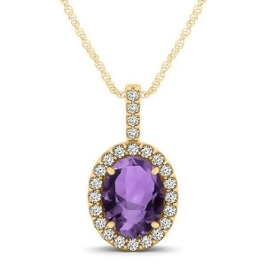 Amethyst and Diamond Halo Oval Pendant Necklace 14k Yellow Gold 1.02ct - All