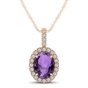 Amethyst and Diamond Halo Oval Pendant Necklace 14k Rose Gold 1.02ct - All