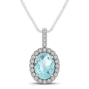 Aquamarine and Diamond Halo Oval Pendant Necklace 14k White Gold 0.92ct - All
