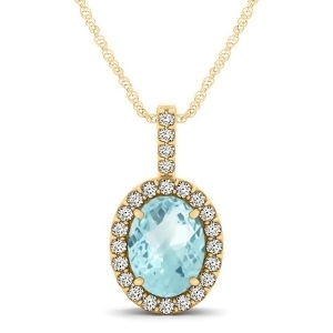 Aquamarine and Diamond Halo Oval Pendant Necklace 14k Yellow Gold 0.92ct - All