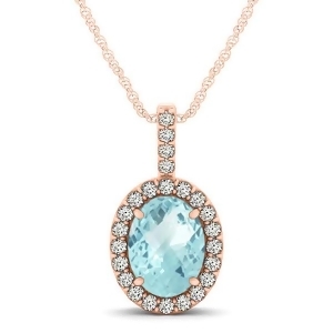 Aquamarine and Diamond Halo Oval Pendant Necklace 14k Rose Gold 0.92ct - All