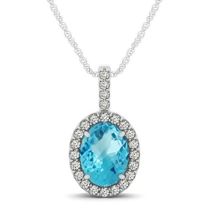 Blue Topaz and Diamond Halo Oval Pendant Necklace 14k White Gold 1.27ct - All