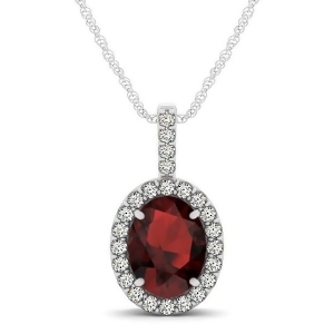 Garnet and Diamond Halo Oval Pendant Necklace 14k White Gold 1.17ct - All