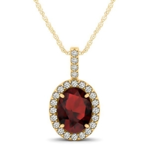 Garnet and Diamond Halo Oval Pendant Necklace 14k Yellow Gold 1.17ct - All