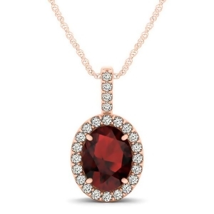 Garnet and Diamond Halo Oval Pendant Necklace 14k Rose Gold 1.17ct - All