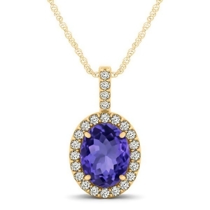 Tanzanite and Diamond Halo Oval Pendant Necklace 14k Yellow Gold 1.06ct - All