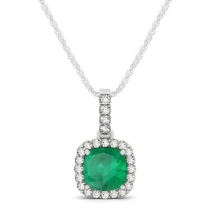 Emerald and Diamond Halo Cushion Pendant Necklace 14k White Gold 0.66ct - All