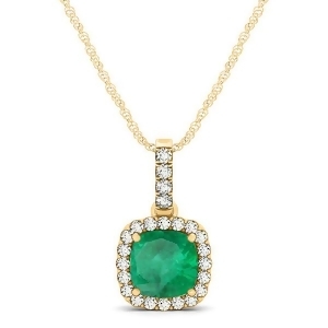 Emerald and Diamond Halo Cushion Pendant Necklace 14k Yellow Gold 0.66ct - All
