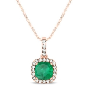 Emerald and Diamond Halo Cushion Pendant Necklace 14k Rose Gold 0.66ct - All