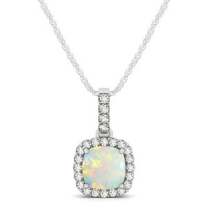 Opal and Diamond Halo Cushion Pendant Necklace 14k White Gold 0.71ct - All
