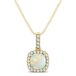Opal and Diamond Halo Cushion Pendant Necklace 14k Yellow Gold 0.71ct - All